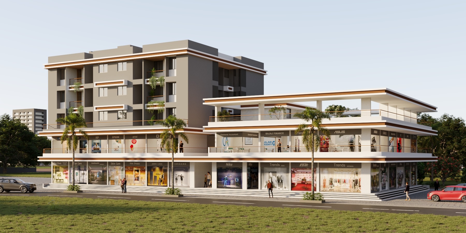Render of Omkar Complex — Phase 2 with shops below and apartments above